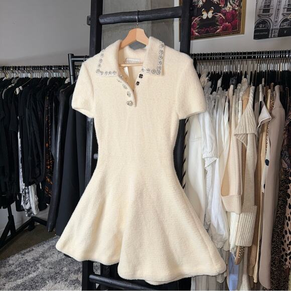 Sierra Darien Elegant Ivory Soft Knit Mini Dress with Crystal Embellished Collar - Picture 9 of 16